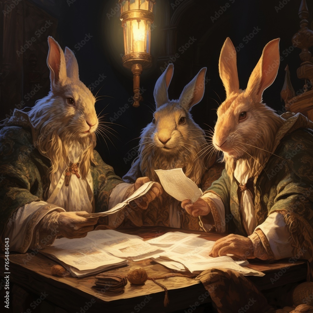Rabbit triad engaged in a council, super detailed--ar 1:1