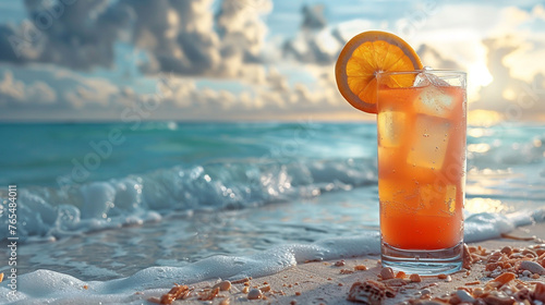A refreshing cocktail resting on the sandy beach, with palm trees swaying in the breeze and the ocean waves gently lapping at the shore