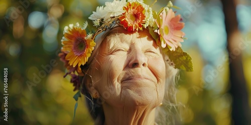 A woman wearing a flower headband is smiling