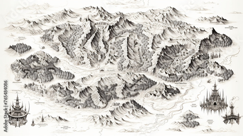 Fantasy map elements illustration drawing engraving