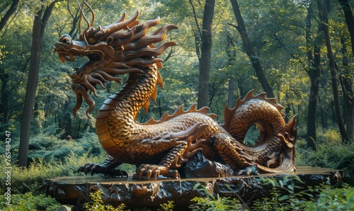 Chinese dragon sculpture in middle of green forest representing 2024 chinese new year sign the wood dragon, Generative AI © Focal Imaging