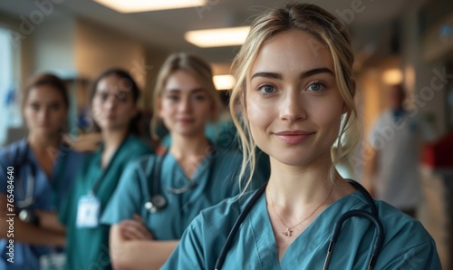 Portrait of a young nursing student standing with her team in hospital, dressed in scrubs, Doctor intern, Generative AI