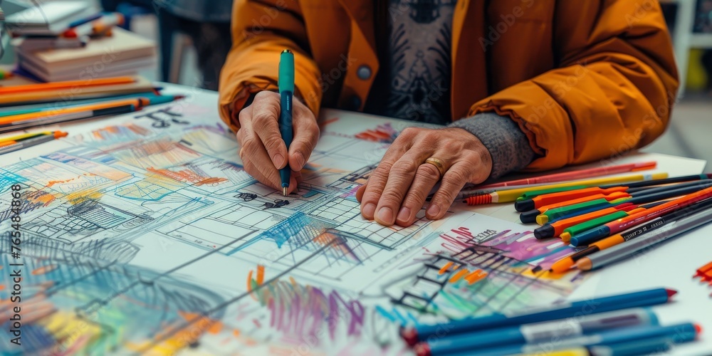 A man is drawing on a piece of paper with a pen A man is drawing on a piece of paper with a pen
