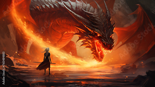 Fantasy scene showing the girl fighting the fire drago photo