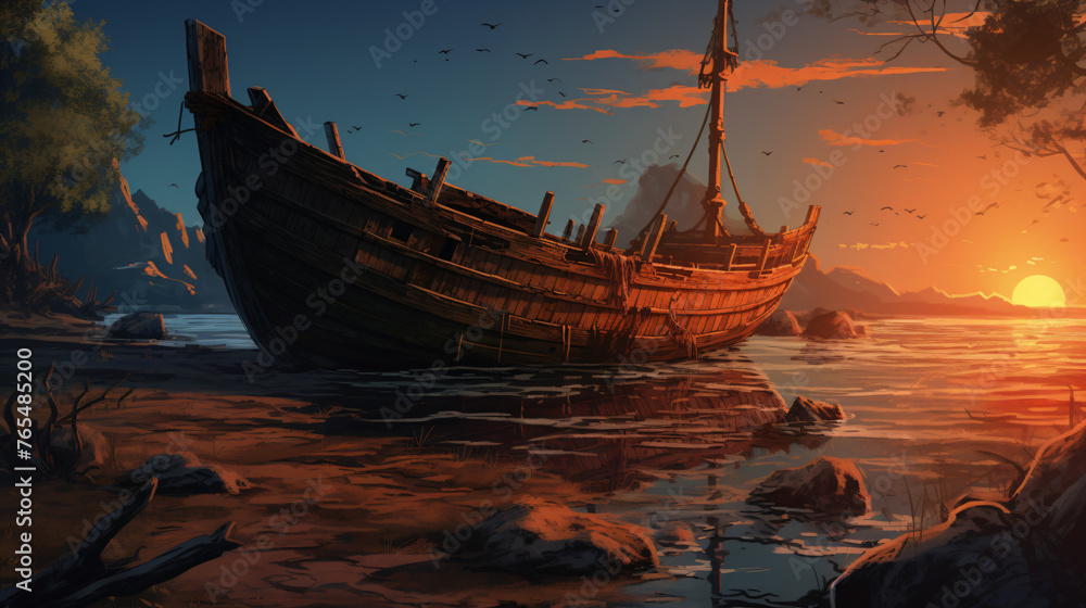 Fantasy scenery of the abandoned boat on the shore 