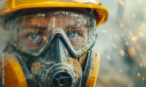 Professional construction worker wearing a high-grade dust mask, surrounded by lot of floating particles of glass wool dust in a construction site, Generative AI photo