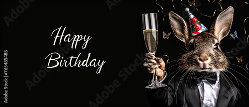 A rabbit dressed in a tuxedo and party hat holds a champagne flute, with cursive 'Happy Birthday' alongside