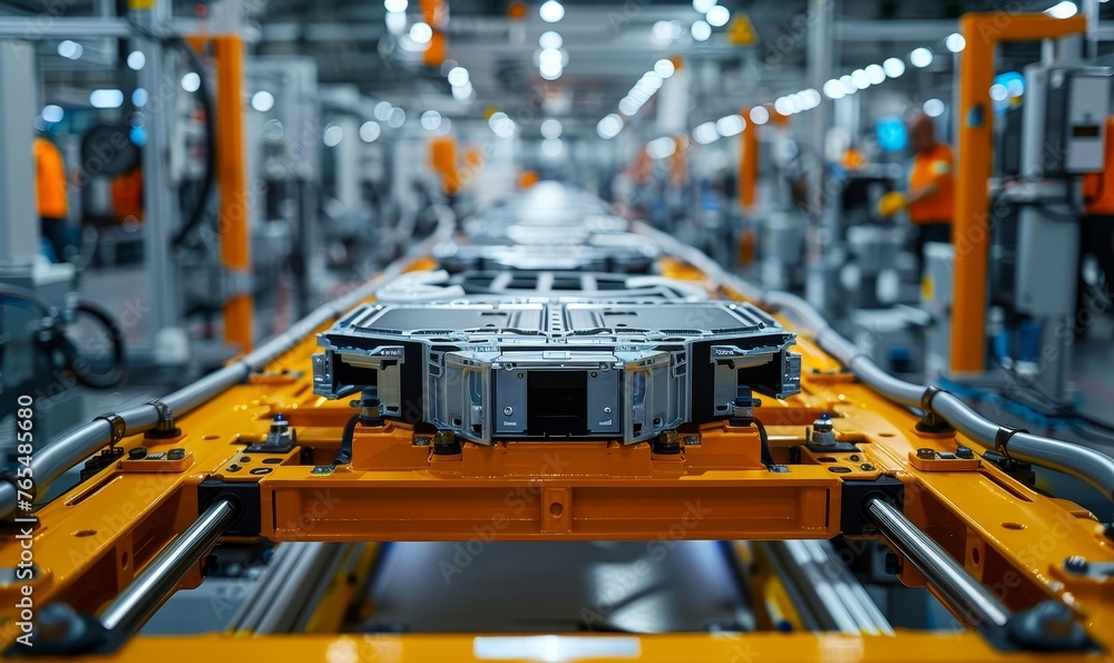 Mass production assembly line of electric vehicle battery cells close-up view, Generative AI