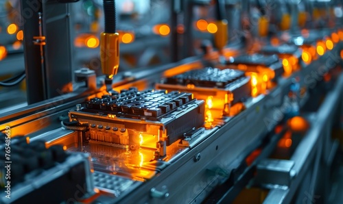 Mass production assembly line of electric vehicle battery cells close-up view, Generative AI
