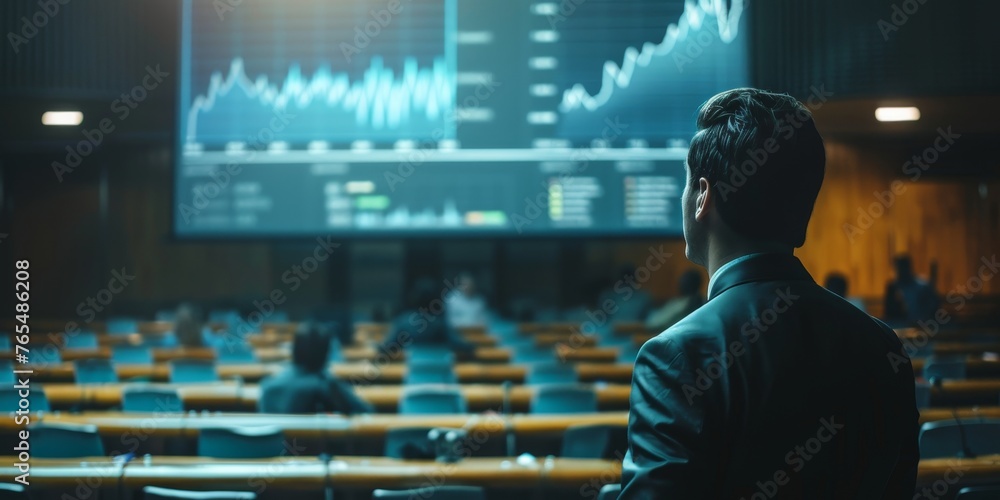 A man stands in front of a large screen displaying financial data