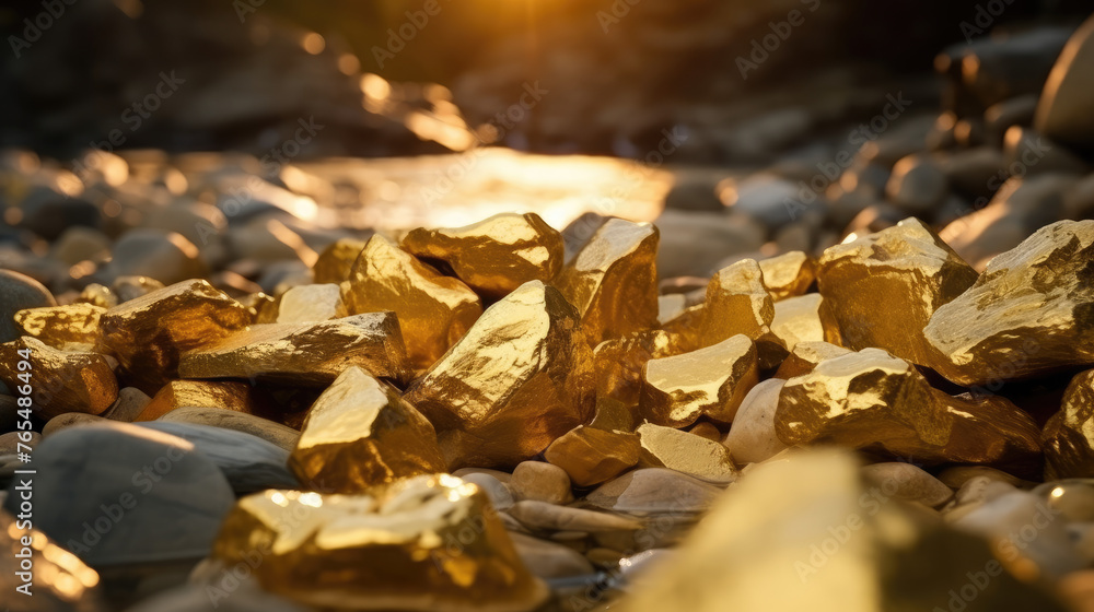 Real gold mined, stacked of gold nugget sitting on top of rocks in the river. generative ai Real gold mined, stacked of gold nugget sitting on top of rocks in the river. generative ai
