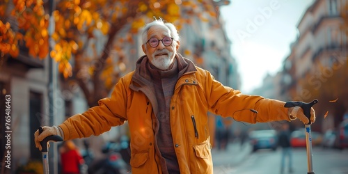 An elderly gentleman with a cheerful expression and a full white beard is seen using a pogo stick instead of a walking stick photo
