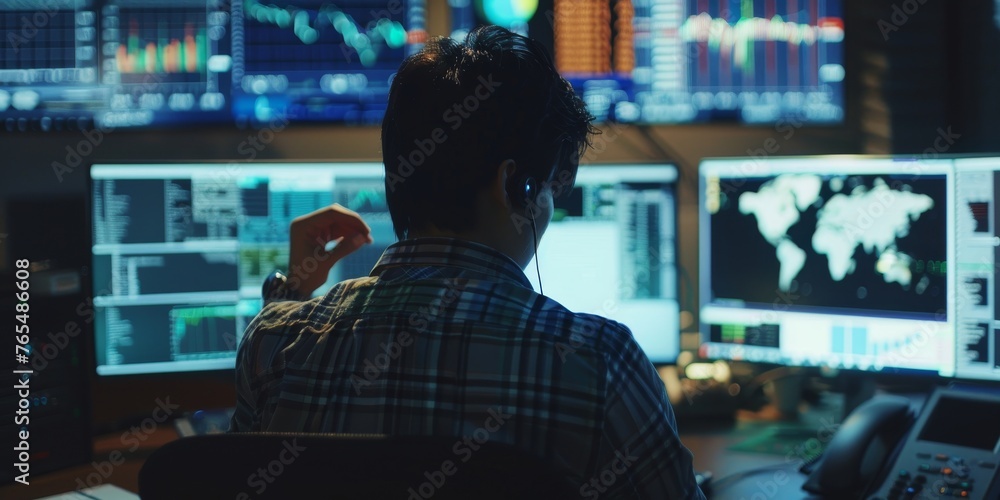 A man is sitting in front of a computer monitor with a headset on