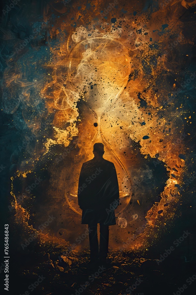 Back view of a man observing a floating hourglass. Abstract expressionist art with an ethereal golden palette Back view of a man observing a floating hourglass. Abstract expressionist art with an ethereal golden palette