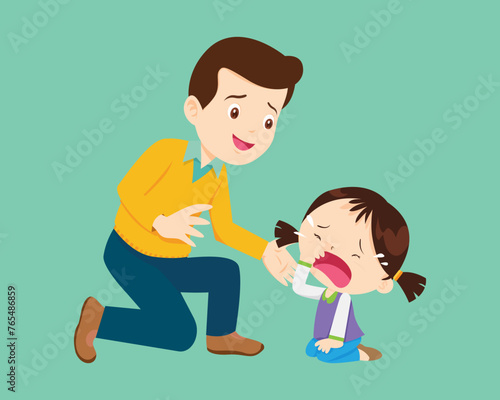 Comforting sad children with parent or teacher