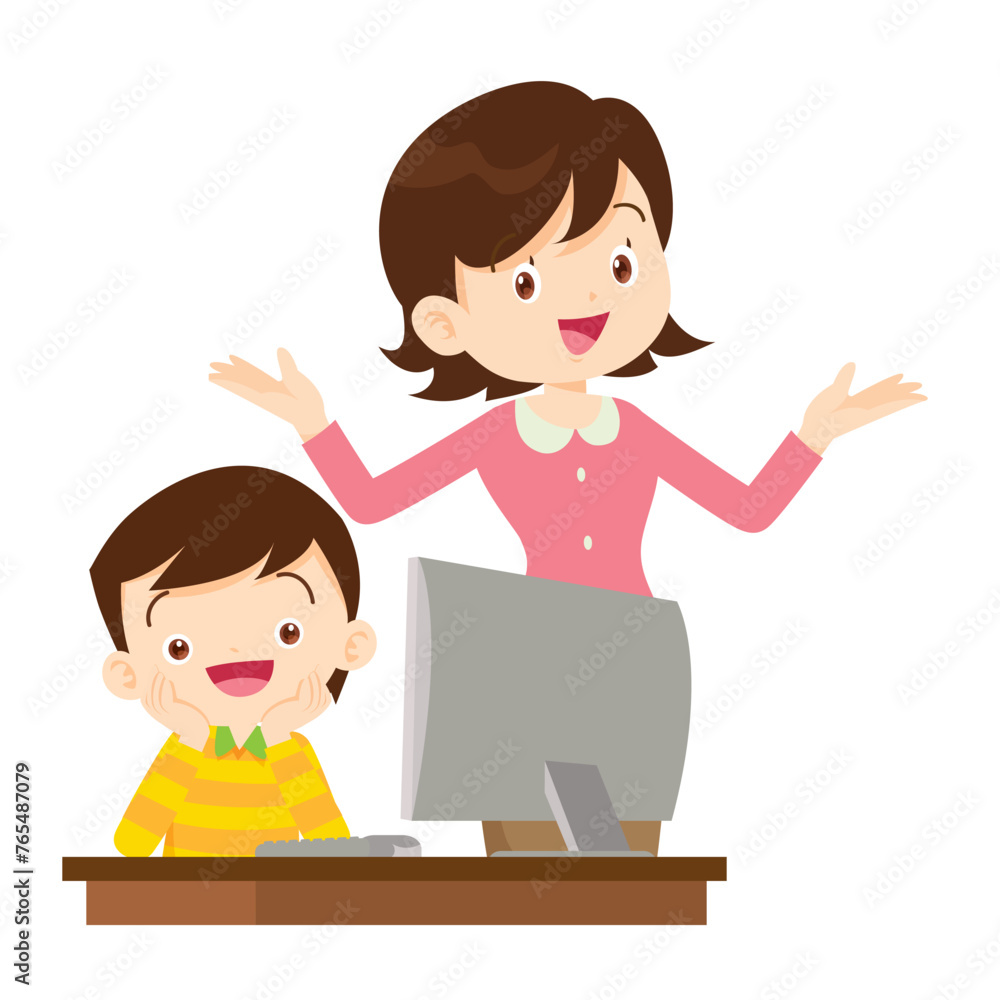 happy teacher and student learning computer happy teacher and student learning computer