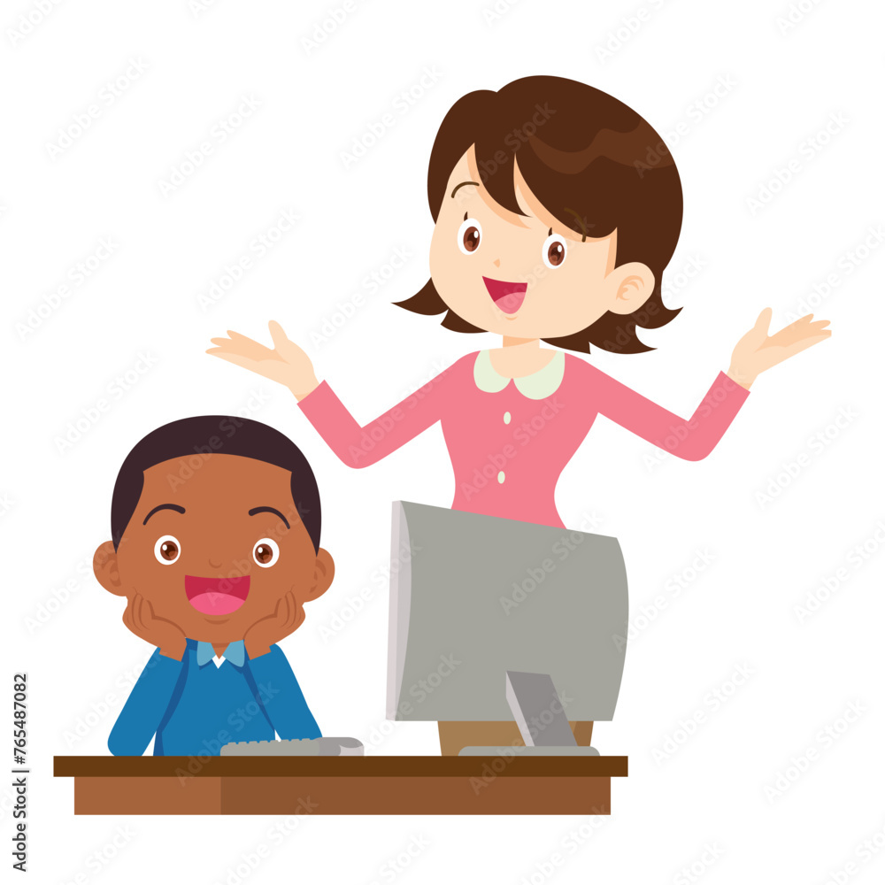 happy teacher and student learning computer happy teacher and student learning computer