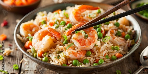 A bowl of shrimp and rice with chopsticks in it