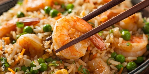 A plate of shrimp and rice with chopsticks in hand photo