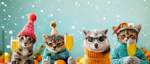 Cats clad in winter attire sipping on champagne-like drinks against a snowy backdrop, capturing holiday spirit © Daniel