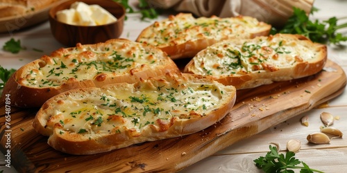 A plate of bread with cheese and parsley on a wooden cutting board photo