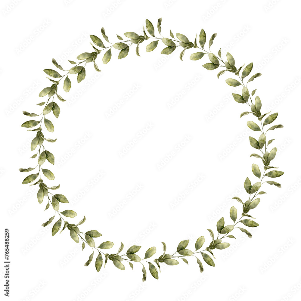 Watercolor round botanical wreath made of beautiful bright green round leaves. Isolated hand drawn illustration for cards, stickers, textiles, design, invitations, logos, decorations Watercolor round botanical wreath made of beautiful bright green round leaves. Isolated hand drawn illustration for cards, stickers, textiles, design, invitations, logos, decorations