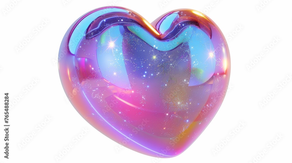 3D holographic heart icon with stars in y2k style isolated on white background. Render of 3D iridescent chrome heart emoji with rainbow gradient effect. Modern illustration.