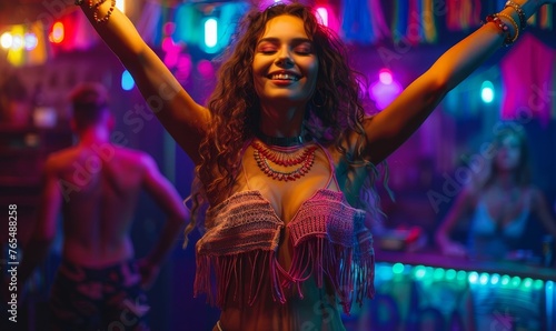 Beautiful uninhibited young woman wearing macrame clothes dancing in a nightclub with neon colors lights, Generative AI photo