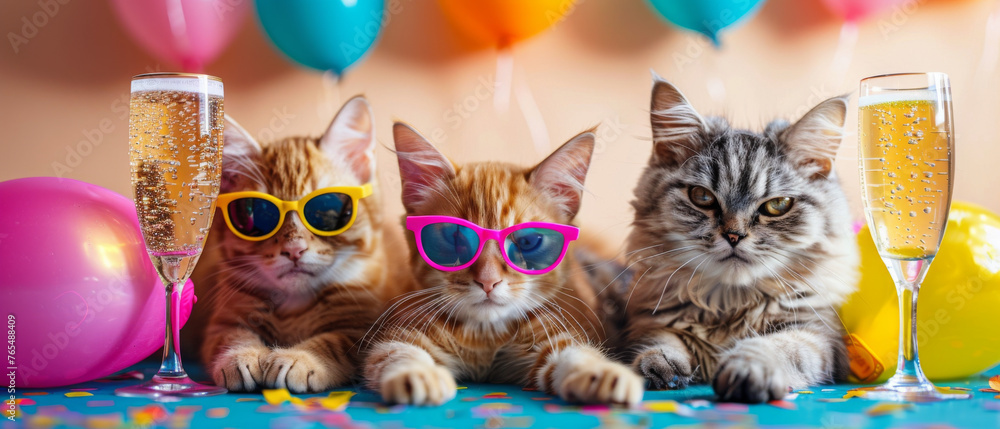 Three cats with sunglasses celebrating with champagne glasses among colorful balloons and confetti Three cats with sunglasses celebrating with champagne glasses among colorful balloons and confetti