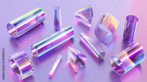 The 3D holographic chrome element set represents the shape of the Y2K object in abstract form. The form is shiny purple holo light and the color is chrome. Modern illustration.