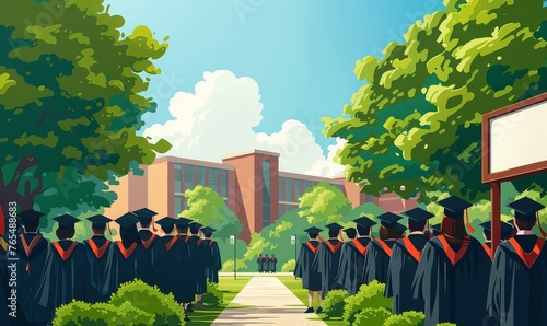 Alumni reunion concept image with sign alumni on college campus and graduated students with regalia and hat in background, Generative AI photo
