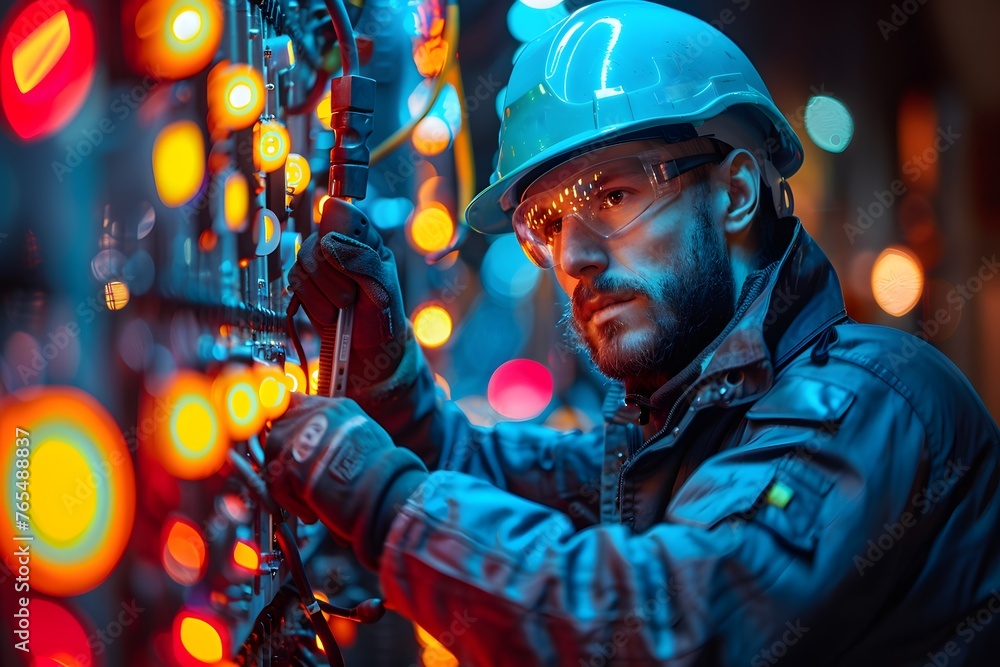 Man in Hard Hat Working on Light Fixture Man in Hard Hat Working on Light Fixture