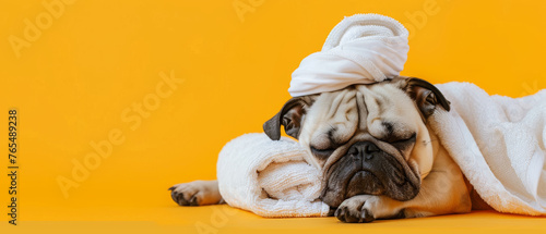 Adorable pug appears to be sleeping peacefully wrapped in a towel with a turban on a yellow surface