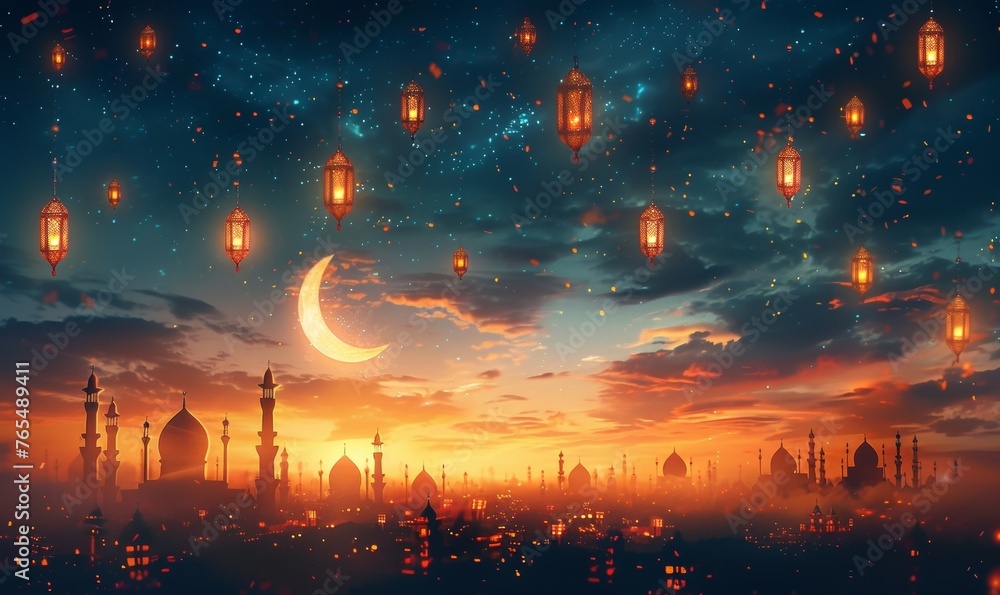 Ramadan Kareem illustration banner background with Islamic Crescent and lantern and written Ramadan Kareem, Generative AI