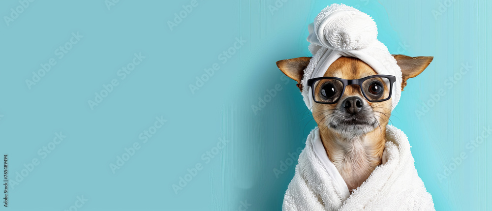 A pampered pup enjoys a spa day, wrapped snug in a towel with hair up, set against a calm blue backdrop