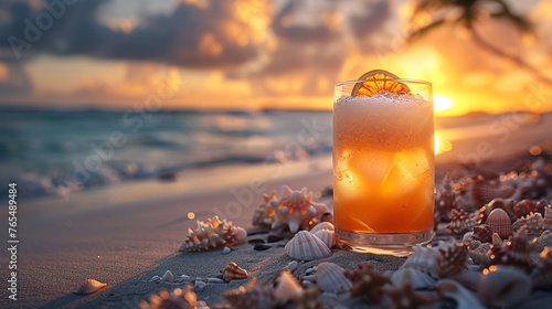 A tropical cocktail presented in a stylish glass, set on a beachside table adorned with seashells and surrounded by the soft glow of sunset.