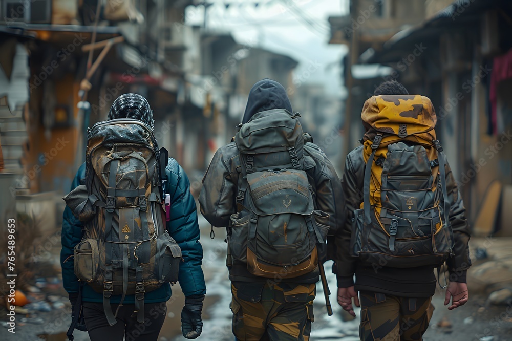 Three People With Backpacks Walking Down a Street Three People With Backpacks Walking Down a Street