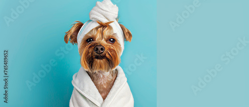 A pampered Yorkshire Terrier sports a fashionable spa look with a head