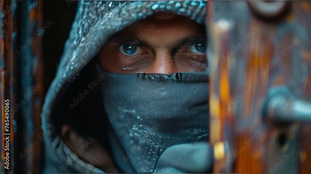 A man with a hoodie and scarf on his face is peeking out of a door