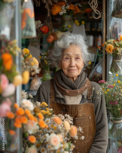 older woman sell flowers in her shop. small businesses concept. heading back to work, reentering the workforce, financial stability style. photo