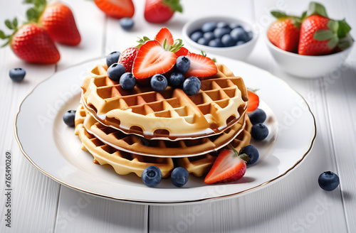 Belgian waffles with strawberries and blueberries on white plate, delicious brekfast  photo