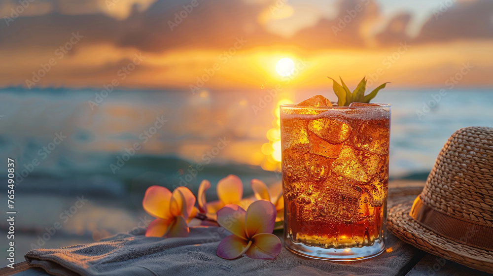 A tropical cocktail served in a chilled glass, resting on a beach towel next to a sun hat, with the sun setting on the horizon over the ocean.  - obrazy, fototapety, plakaty 