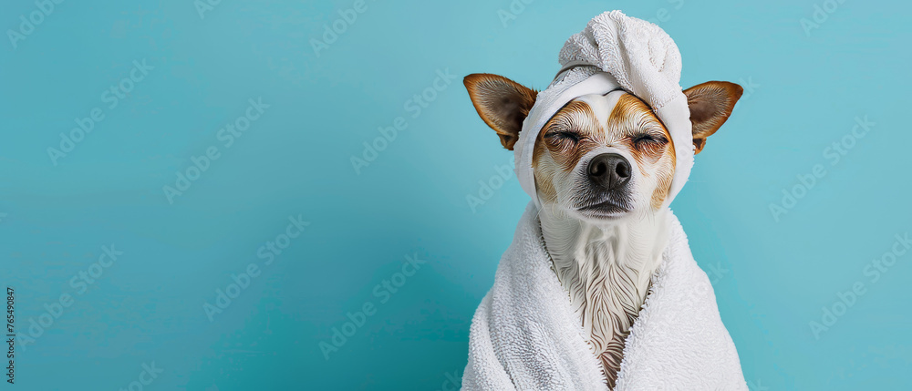 A funny and serene cow wrapped in a luxury spa towel enjoying a day of pampering and relaxation