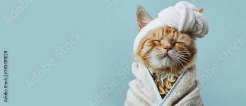 A cheerful cat, eyes closed in delight, snug in a towel and turban, emanating relaxation and joy photo
