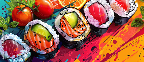Vegan sushi closeup plantbased creativity Stylish in the style of vibrant dot Digital art