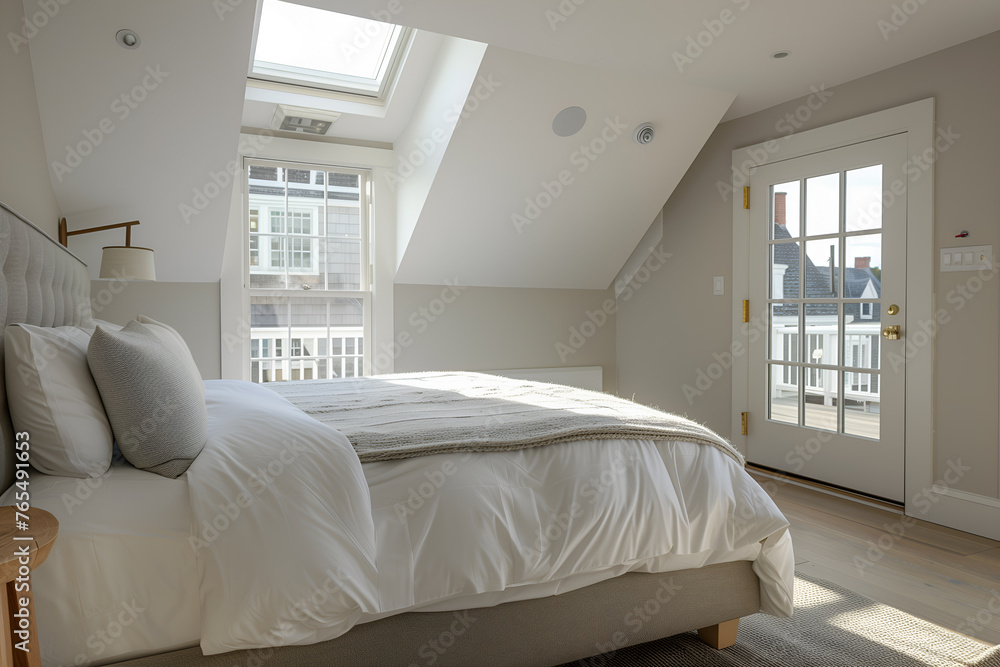 A luxury hotel room with a large bed, double doors leading to a balcony and garden outside, light grey walls A luxury hotel room with a large bed, double doors leading to a balcony and garden outside, light grey walls