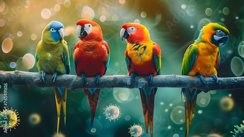 Colorful parrots on branch with viral particles, bokeh background. © john