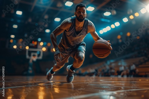 Handsome basketball player with a ball in action on floodlight professional basketball court, Generative AI © Akanksha
