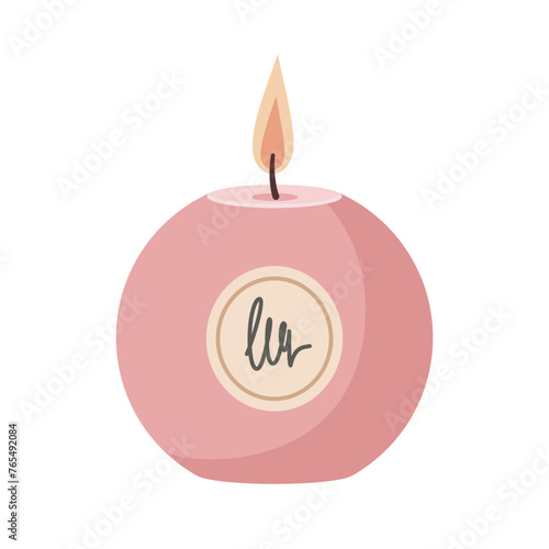 Burning Aromatherapy candle with label sticker isolated on white background. Hand drawn Vector illustration. Aroma candle icon. Hand crafted candle. Flat design