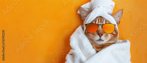 A cat looks sophisticated with a head towel against a yellow wall, portraying a spa-like serenity